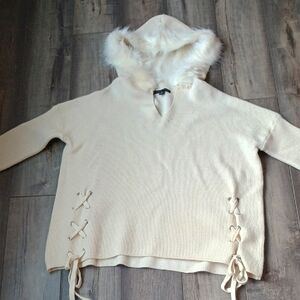 Boston Proper Cream Hooded Sweater with Faux Fur